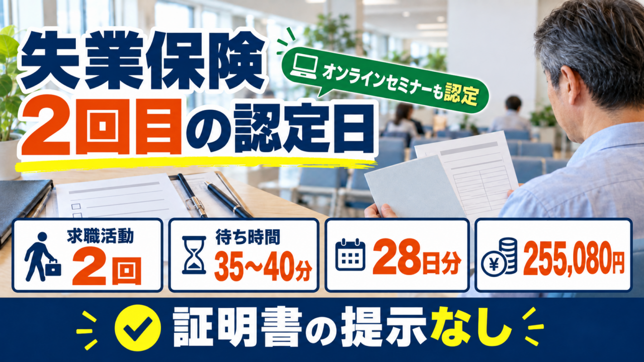 失業保険2回目の認定で、求職活動2回と28日分255,080円が認められたことを示すアイキャッチ