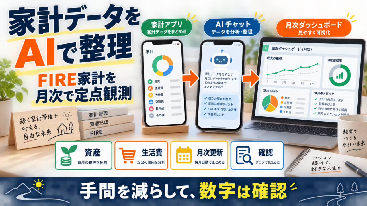 家計アプリ、AIチャット、月次ダッシュボードをつないでFIRE家計を定点観測するイメージ