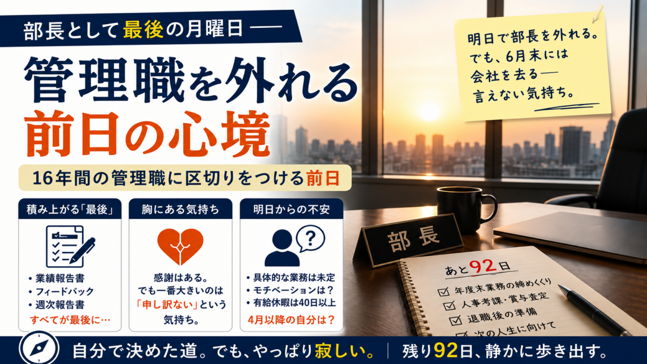 部長の役職を外れる前日に感じた寂しさと、最後の業務、周囲への思い、4月以降の不安を整理した図。