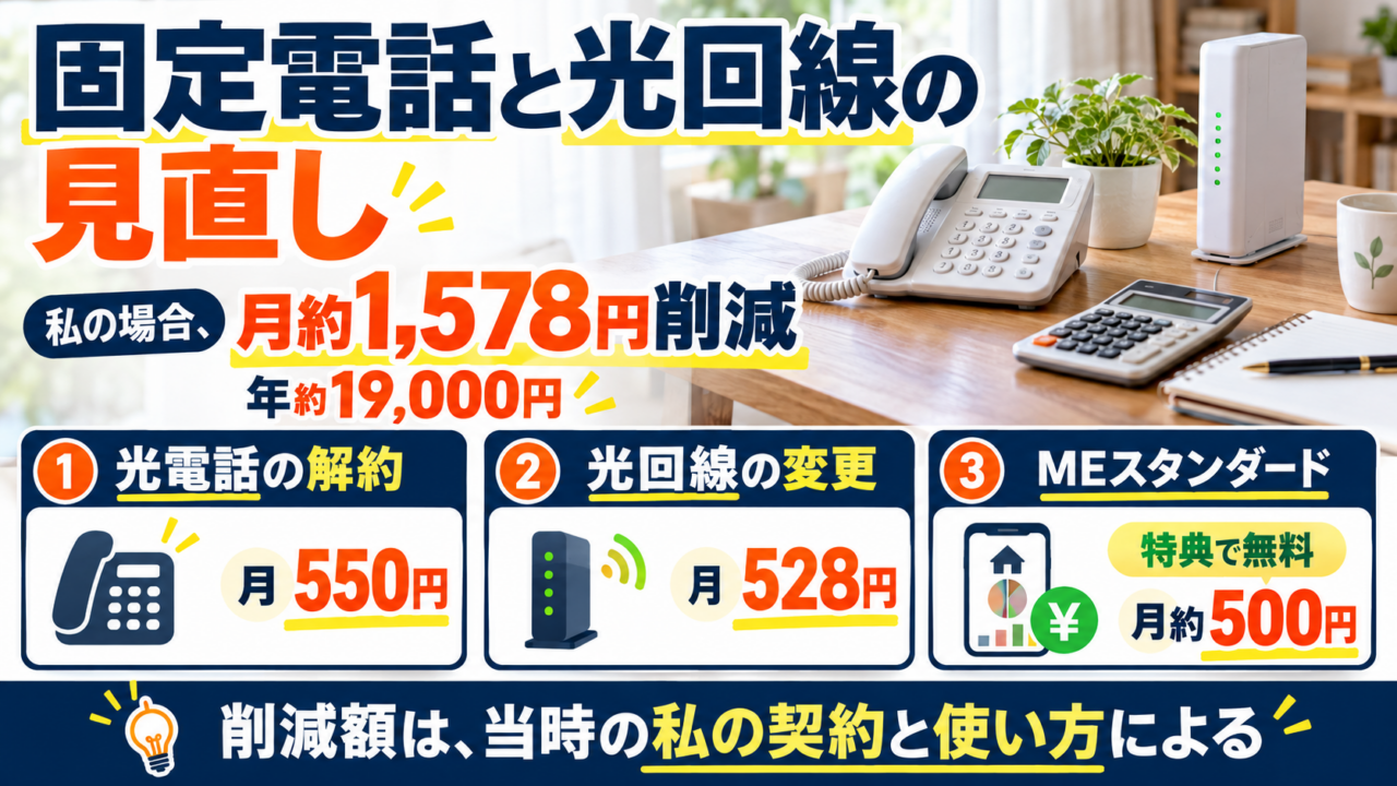 固定電話、光回線、マネーフォワード MEの見直しで、私の場合に月約1,578円・年約19,000円を削減した内訳。