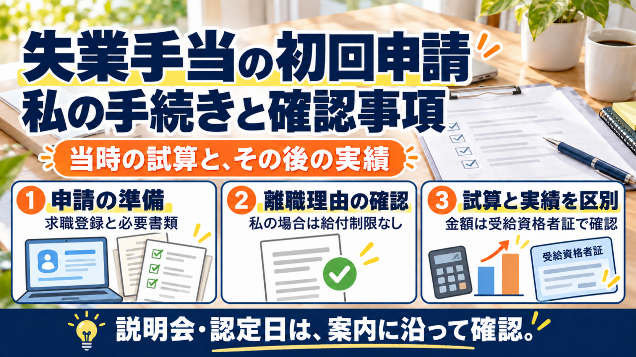 失業手当の初回申請で行った求職登録・書類提出と、本人の離職理由・給付制限の確認。金額や認定日は交付された案内で確認するポイント。