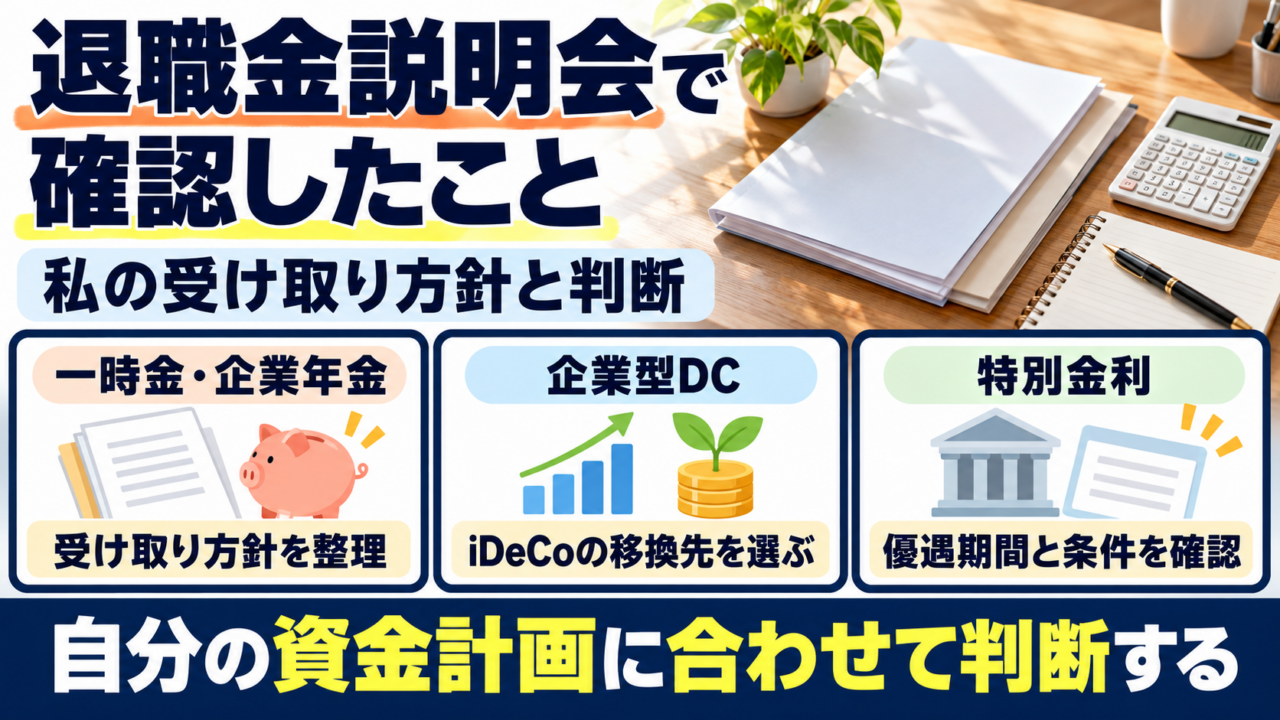 退職金説明会で、会社の一時金と企業年金の構成、受け取り方針、iDeCoへの移換、特別金利の条件を確認した体験を整理した図。