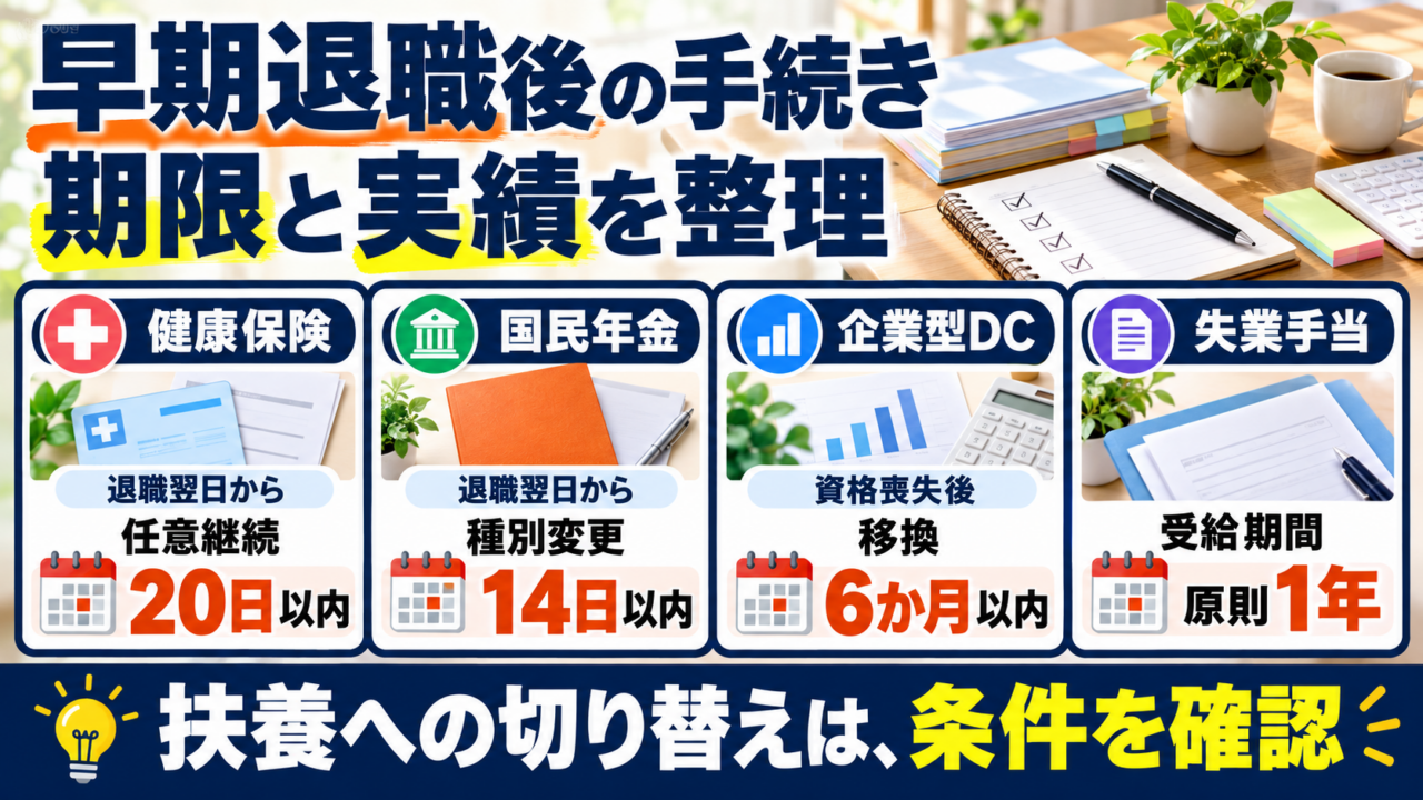 早期退職後の手続きについて、健康保険の任意継続20日、国民年金14日、企業型DC6か月の期限と、失業手当の受給期間を区別する図。