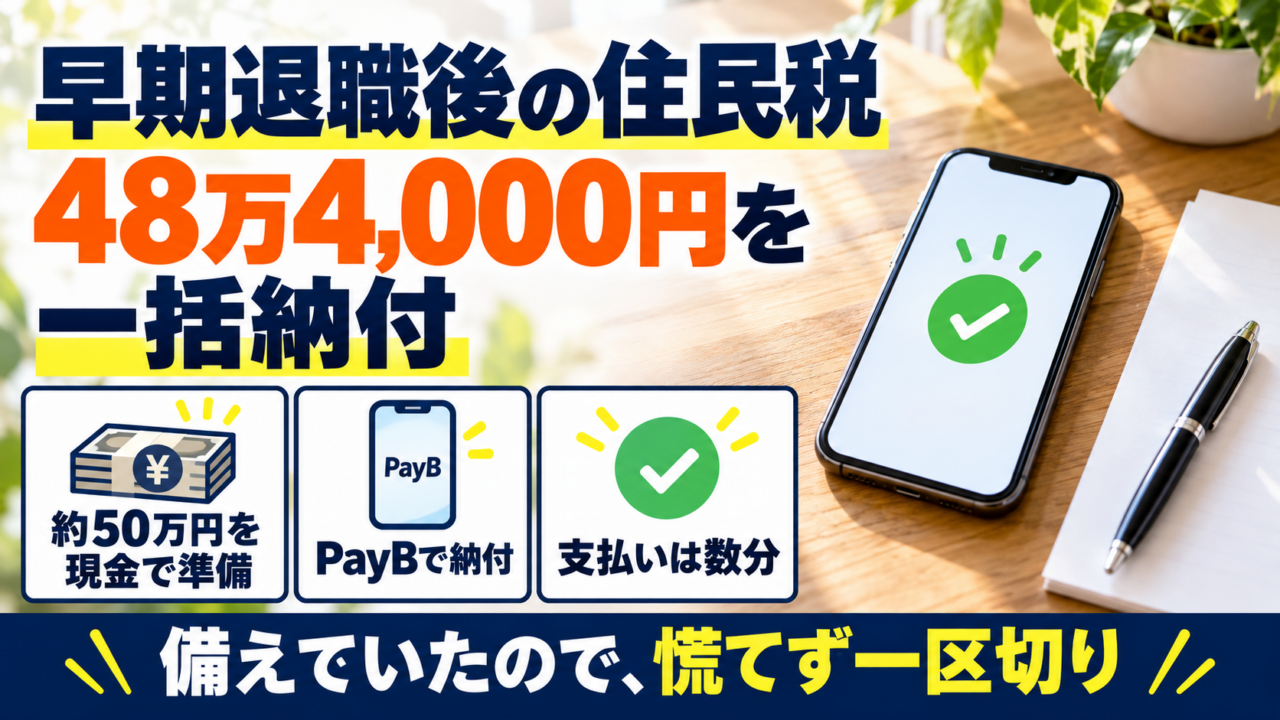 早期退職後の住民税48万4,000円を一括納付。約50万円を現金で準備し、PayBで支払って一区切りした体験を示す画像。